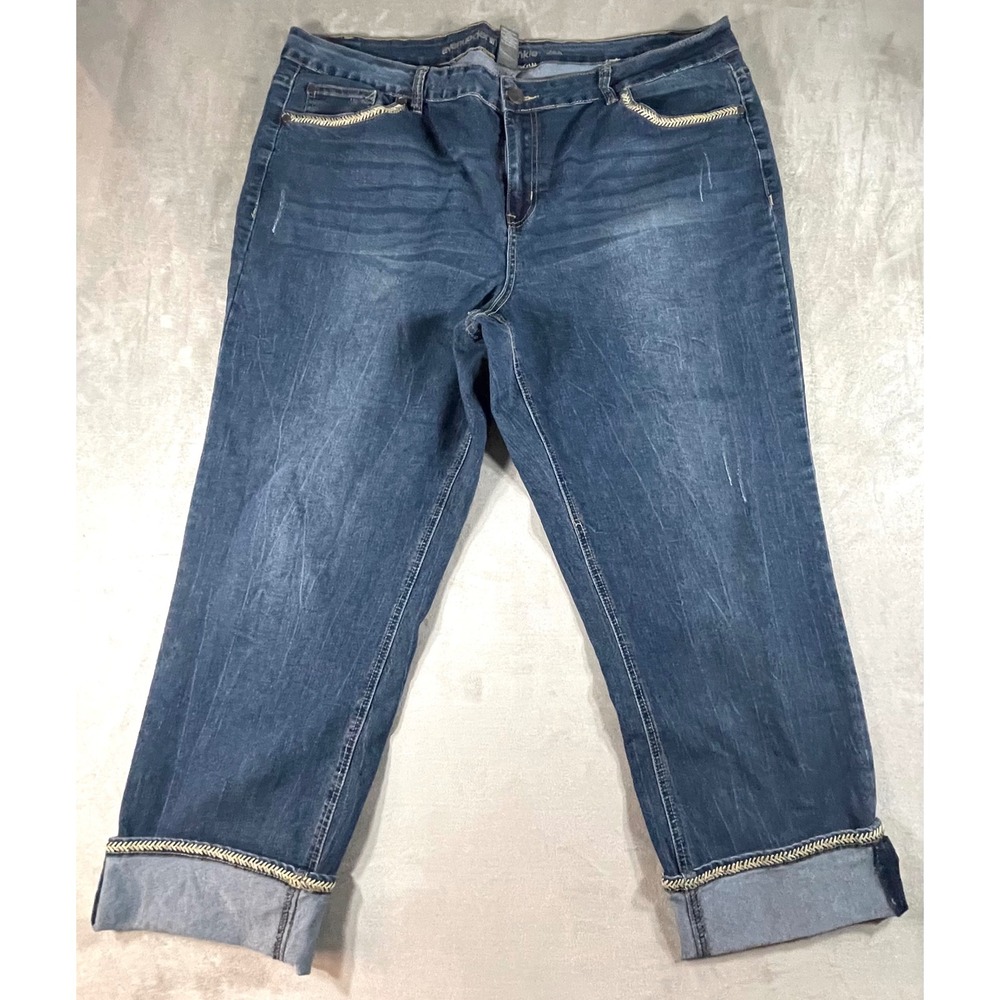 Avenue Denim Ankle Capri Jeans Women 24A Blue Cuffed Embroidered Trim Stretch